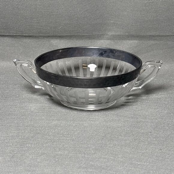 1930s Serving Bowl & Mayonnaise Spoon Silver Rim Art Deco Depression Glass UV - Picture 8 of 15